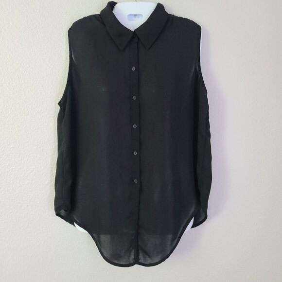 Express Sleeveless Button-Up Blouse Navy Blue & White Polka Dots women's M - Picture 8 of 9